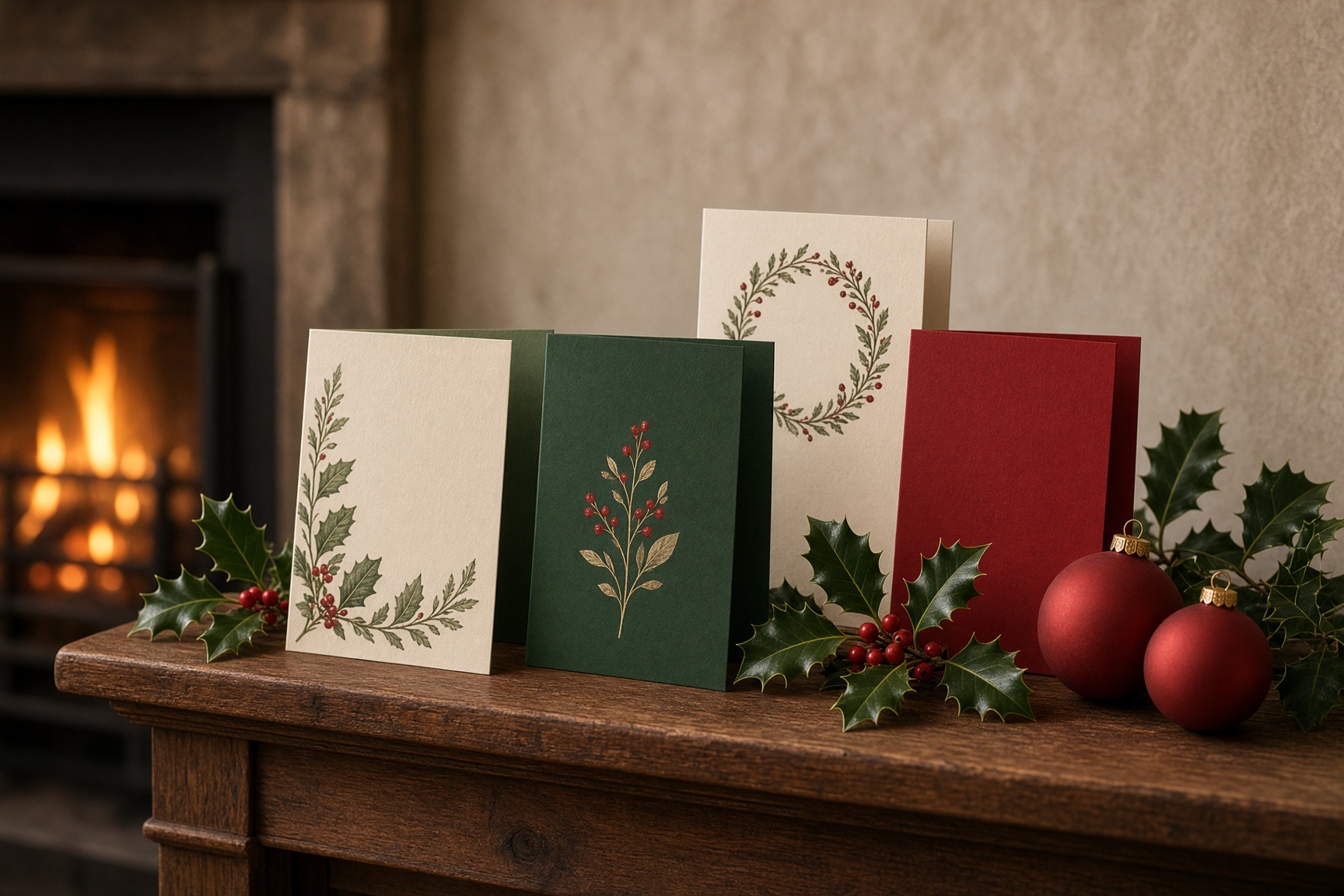 Christmas cards on a mantelpiece with holly