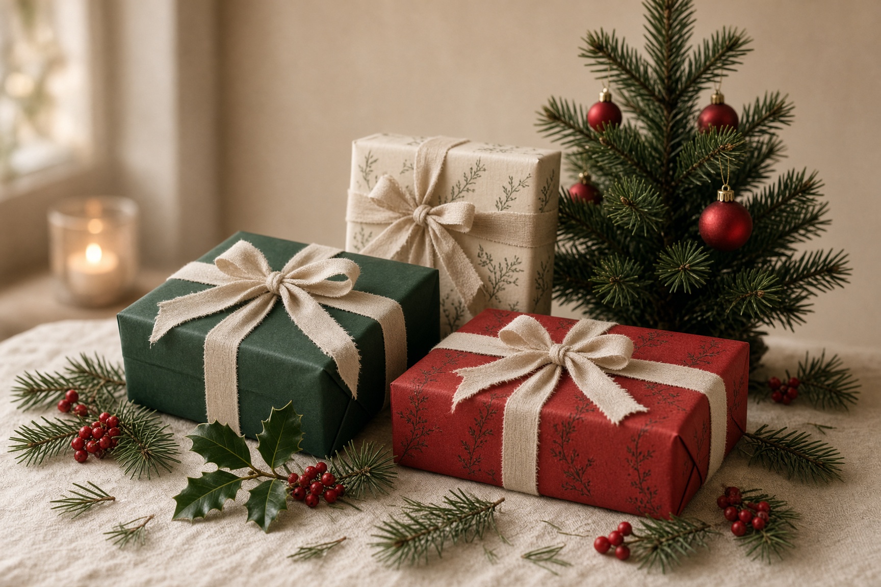 Wrapped Christmas presents beside a small tree