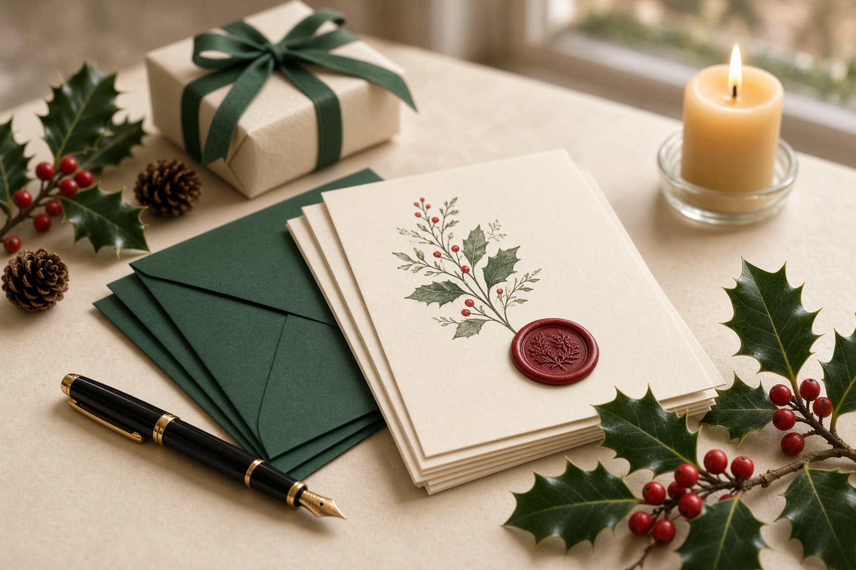 Christmas cards, holly and a wrapped gift on a writing desk